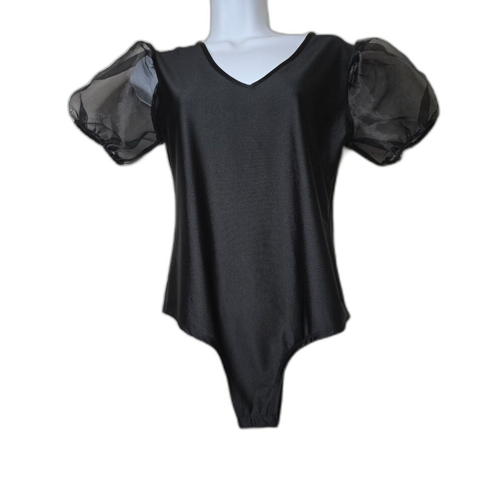 Black Bodysuit Size L by Occasion Knit Sheer Puff Short Sleeve Evening Glam